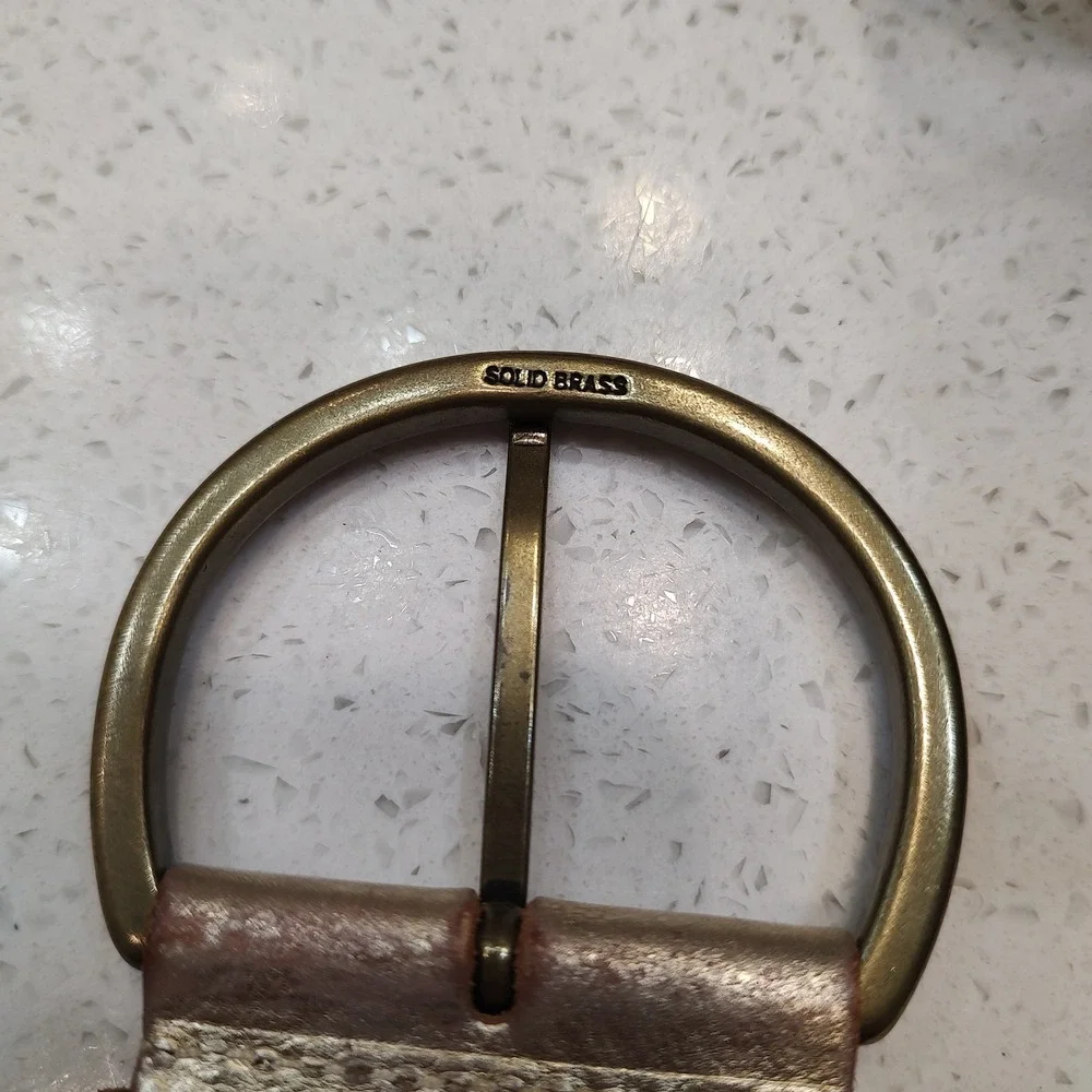 Preston & York Belt Sz Small Leather Tan Gold Braided Brass Ring Buckle Boho
